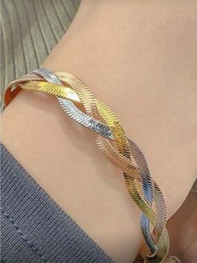 Braided Two-Tone Leather Bracelet - gold and silver color